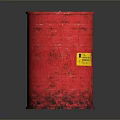Red Metal Oil Drum With Yellow Warning Label And Rustic Surface