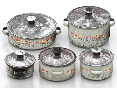 Colorful Patterned Cookware Set With Lids And Handles In Various Sizes 3d model