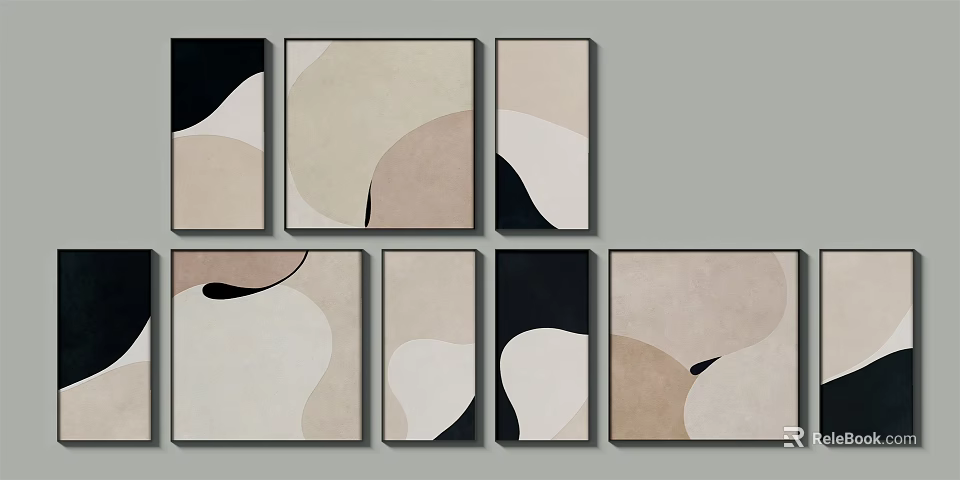 Modern Minimalist Abstract Paintings With Soft Curved Shapes And Neutral Beige Black Tones 3d model 