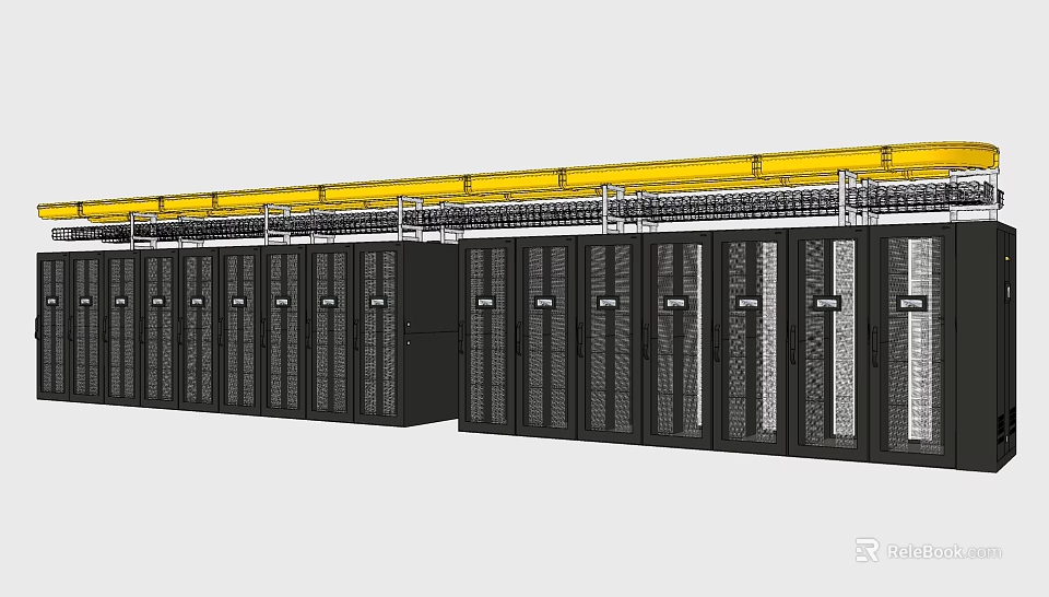 Modern Data Center With Black Server Racks And Yellow Overhead Pipes 3d model 