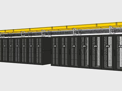 Modern Data Center With Black Server Racks And Yellow Overhead Pipes 3d model