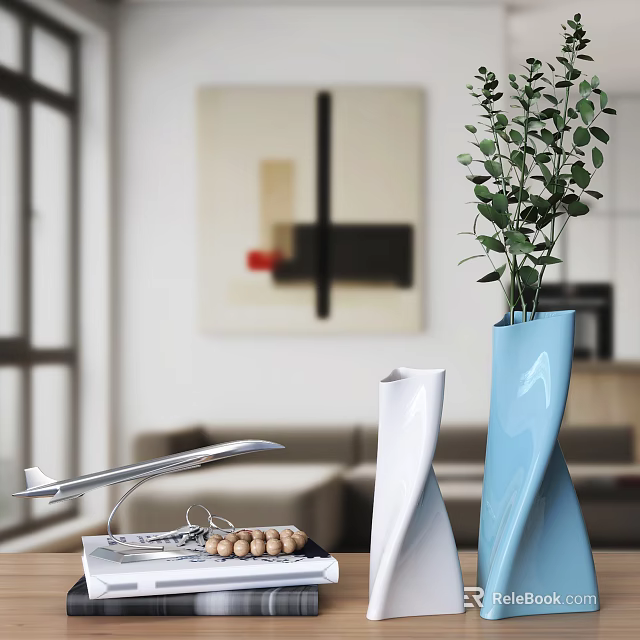 Decorative White And Blue Vases With Green Plants In Modern Living Room Interior 3d model 