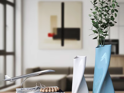 Decorative White And Blue Vases With Green Plants In Modern Living Room Interior 3d model
