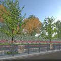Decorative Metal Fence With Stone Pillars Along Roadside Trees And Green Belt