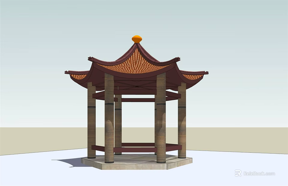 Traditional Chinese Pavilion Structure With Brown Roof Orange Finial And Stone Columns 3d model 