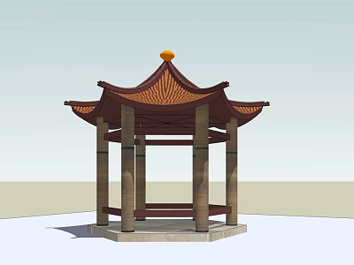 Traditional Chinese Pavilion Structure With Brown Roof Orange Finial And Stone Columns 3d model