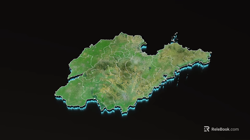 Detailed Geographical Terrain Map with Green Land and Blue Coastline Outline 3d model 