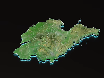 Detailed Geographical Terrain Map with Green Land and Blue Coastline Outline 3d model