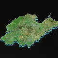 Detailed Geographical Terrain Map with Green Land and Blue Coastline Outline
