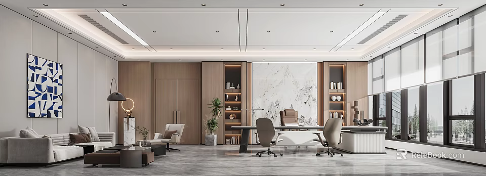 Modern Elegant Office With Wooden Elements Marble Accent Wall Desk Chairs Bookshelves And Green Plants 3d model 
