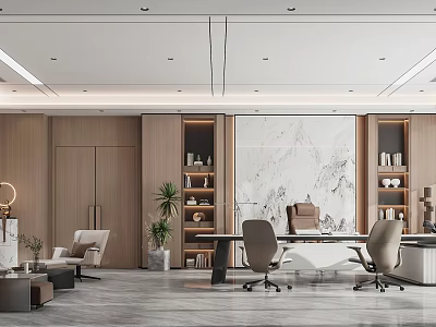 Modern Elegant Office With Wooden Elements Marble Accent Wall Desk Chairs Bookshelves And Green Plants 3d model