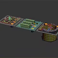 Cartoon Scene Layout With Green Platforms Yellow Blocks And Circular Building