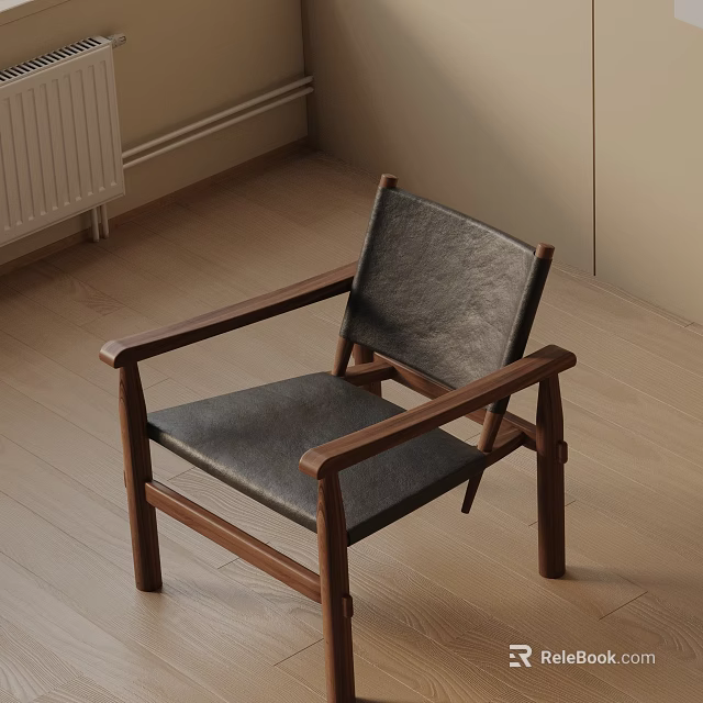 Dark Leather Leisure Chair With Wooden Frame And Armrests In Minimalist Interior 3d model 