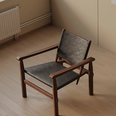 Dark Leather Leisure Chair With Wooden Frame And Armrests In Minimalist Interior 3d model