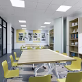 School Classroom Interior With Green Blackboard Yellow Chairs Bookshelves TV And Windows