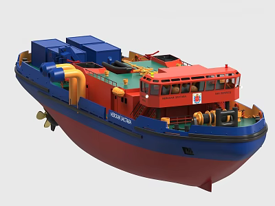 Red and Blue Model Ship With Containers Deck Equipment And Bridge 3d model
