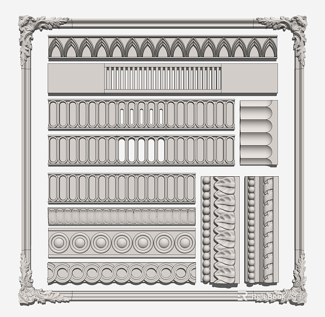 Assorted Styles Of Decorative Corner Moldings With Floral Geometric Patterns And Carvings 3d model 