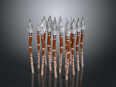 Multiple Decorative Spear Weapons With Patterned Wooden Handles And Metallic Spearheads 3d model