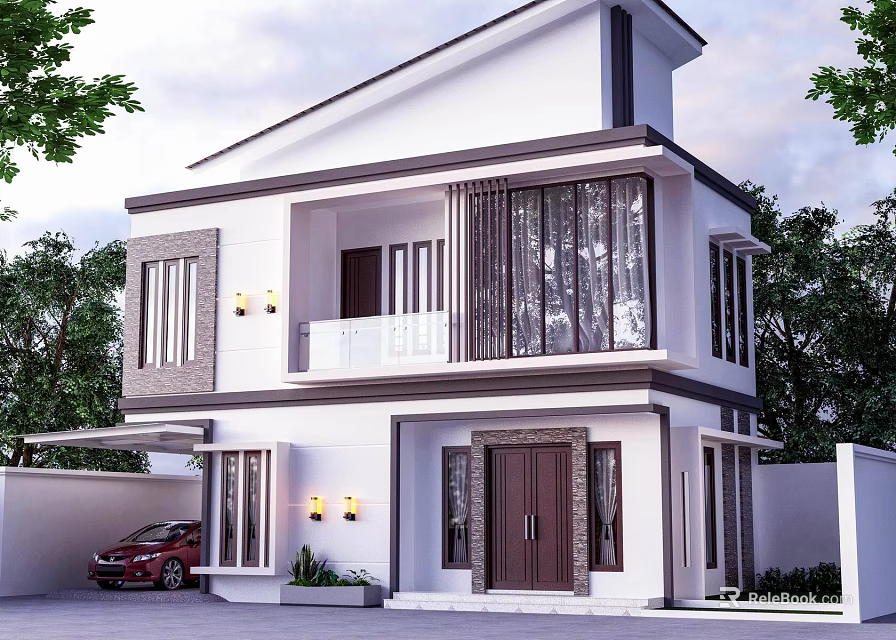 Modern Two Story Detached Villa With White Exterior Large Windows And Balcony 3d model 