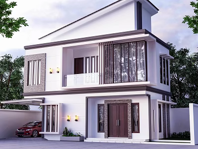Modern Two Story Detached Villa With White Exterior Large Windows And Balcony 3d model