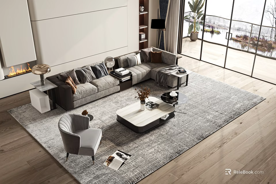Modern Living Room With Gray L-shaped Sofa Coffee Table Set Accent Chair And Large Windows 3d model 