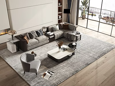 Modern Living Room With Gray L-shaped Sofa Coffee Table Set Accent Chair And Large Windows 3d model