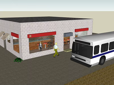 Brick Commercial Building Exterior Wall With Red Awnings Storefront Bus And Pedestrian 3d model