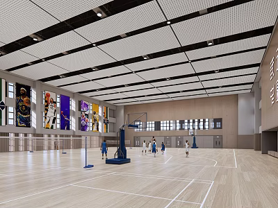 Modern Basketball Gymnasium Interior With Wooden Floor Hoop Lighting And Wall Posters 3d model