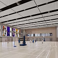 Modern Basketball Gymnasium Interior With Wooden Floor Hoop Lighting And Wall Posters