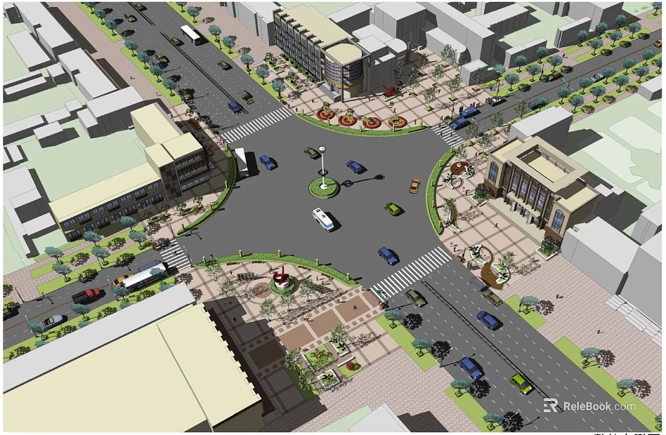 Urban Garden Landscape Design With Roundabout Buildings Green Plants And Pedestrian Areas 3d model 