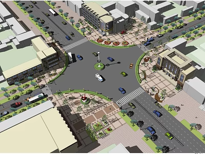 Urban Garden Landscape Design With Roundabout Buildings Green Plants And Pedestrian Areas 3d model