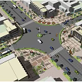 Urban Garden Landscape Design With Roundabout Buildings Green Plants And Pedestrian Areas