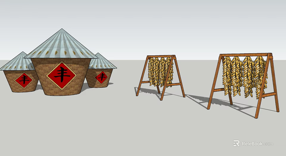 Traditional Harvest Storage With Feng Character Granaries And Hanging Grains 3d model 