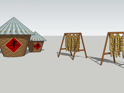 Traditional Harvest Storage With Feng Character Granaries And Hanging Grains 3d model