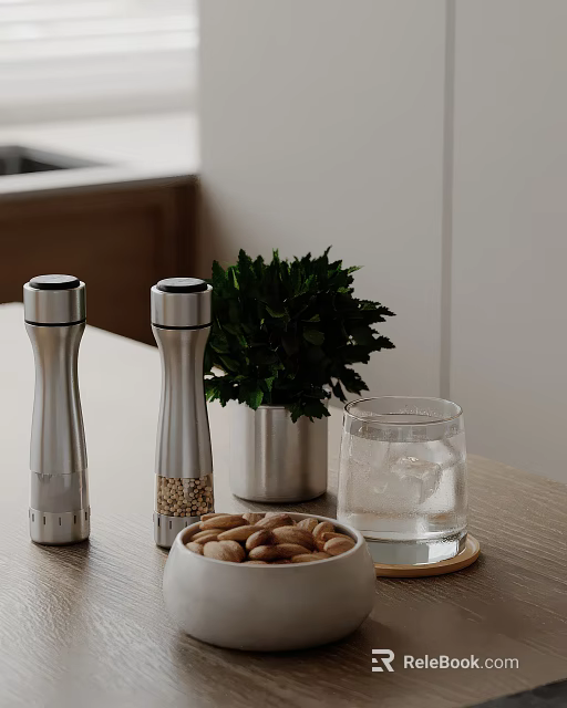 Silver Pepper Grinders Green Herb And Almond Bowl On Kitchen Countertop With Ice Water Glass 3d model 