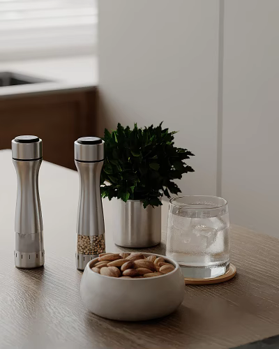 Silver Pepper Grinders Green Herb And Almond Bowl On Kitchen Countertop With Ice Water Glass 3d model