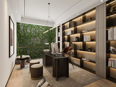 Modern Home Office Interior With Green Plant Wall Built in Bookshelves Wooden Desk And Decorative Items 3d model