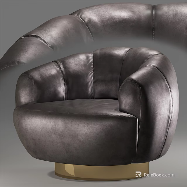Modern Dark Grey Leather Single Seater Sofa With Curved Arms And Gold Metal Legs 3d model 