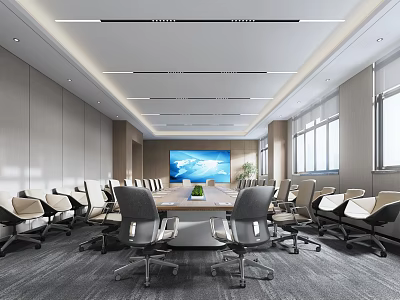 Modern Conference Room With Long Table Multiple Chairs And Large Screen 3d model
