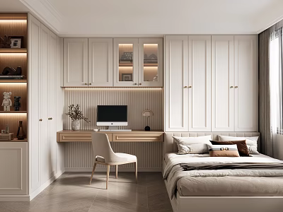 Modern Tatami Bedroom Interior With Wooden Desk Built In Cabinets And Natural Lighting 3d model