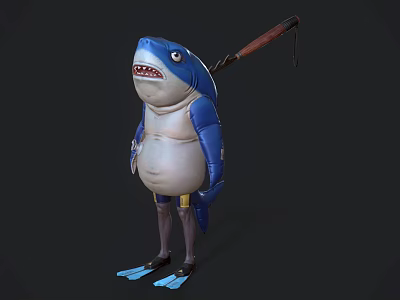 Shark Themed Game Movie Character In Blue Outfit With Large Knife And Flippers 3d model