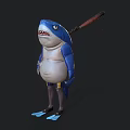 Shark Themed Game Movie Character In Blue Outfit With Large Knife And Flippers