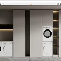Modern Bathroom Cabinet Rack with White Washer Dryer and Gray Storage Cabinets