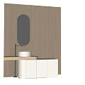 Minimalist Washbasin with Oval Mirror and White Cabinet on Wooden Panel Wall