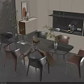 Modern Kitchen Dining Area With Marble Top Dining Table And Stylish Chairs And Plants