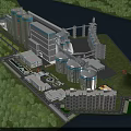 Industrial Plant With Multiple Silos Waterfront Greenery Support Buildings And Dormitories