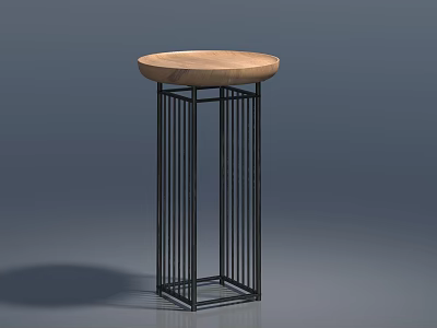 Modern Minimalist Side Table With Round Wooden Top And Black Vertical Metal Frame 3d model