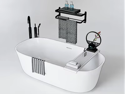 White Freestanding Bathtub With Black Caddy Toiletries Towel And Cleaning Tools 3d model