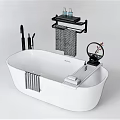 White Freestanding Bathtub With Black Caddy Toiletries Towel And Cleaning Tools