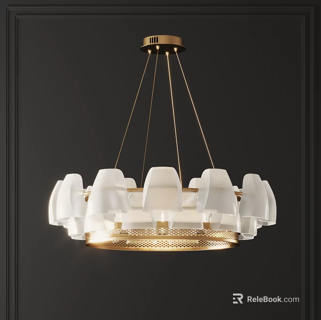 Modern Elegant Chandelier With White Translucent Shades Golden Frame And Dark Wall Background 3d model 